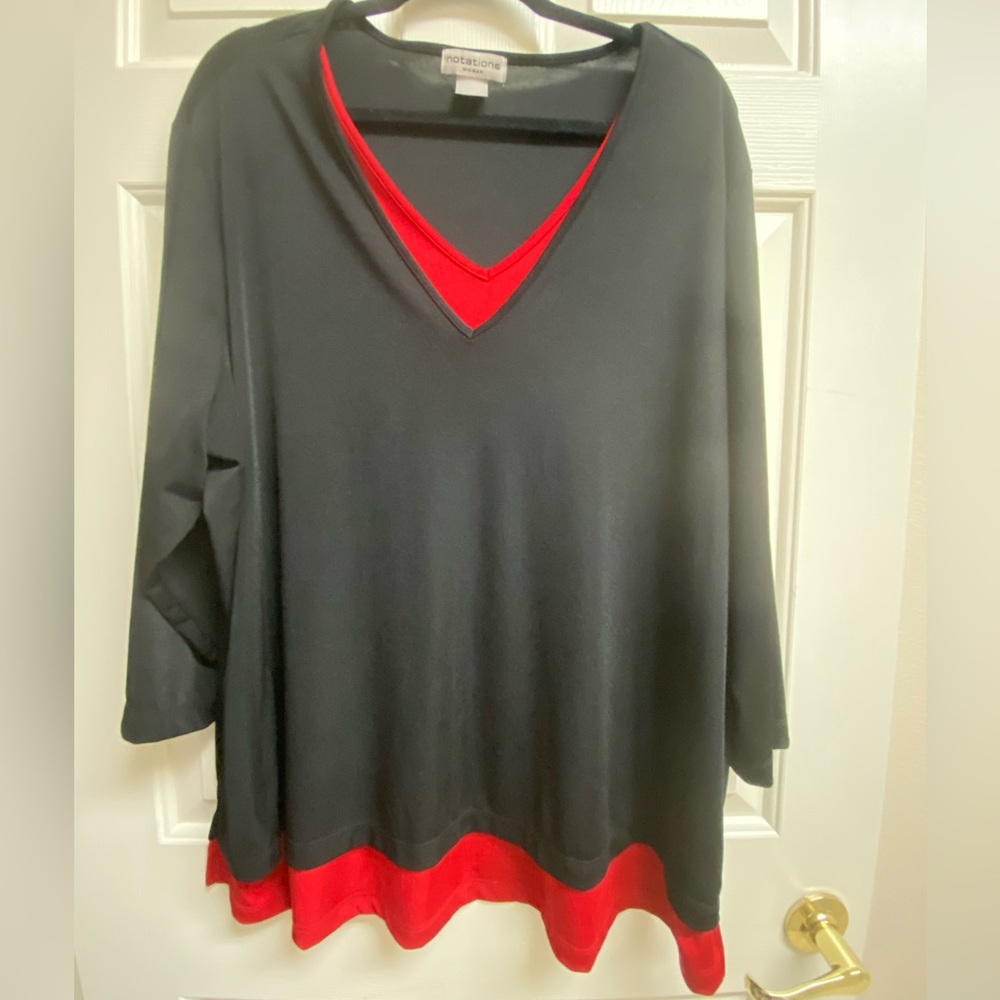 Notations Woman’s 3/4 Sleeve Slinky Black & Red Tunic Top Size 3X
